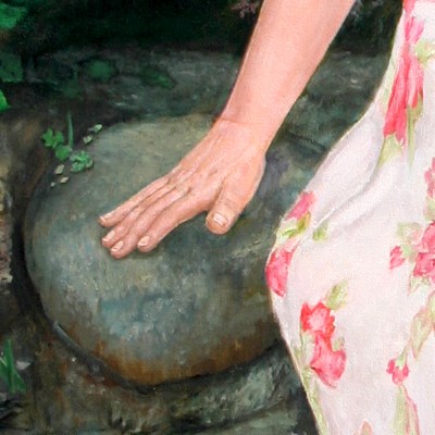 Detail of a painted hand resting on stone in an oil portrait by Bill Grady