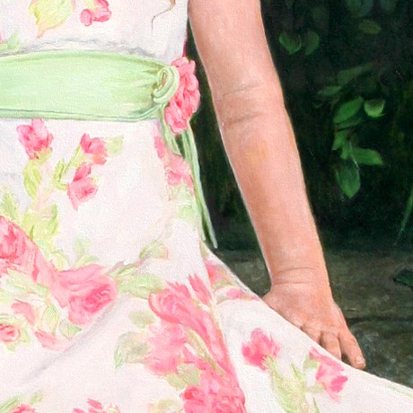 Detail of a painted floral dress and sash in an oil portrait by Bill Grady